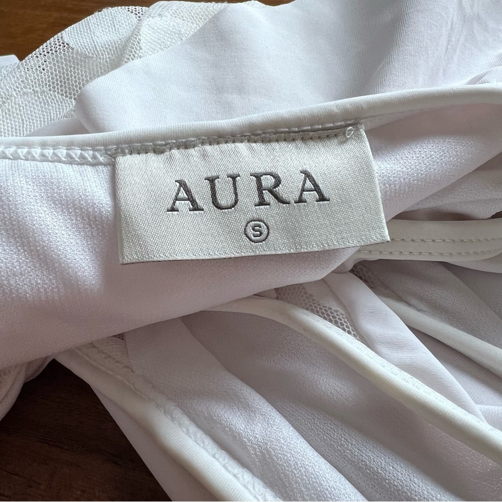 Aura White One Piece Swimsuit Sheer Panels Polka Dots Off Shoulder Size Small - Picture 4 of 11